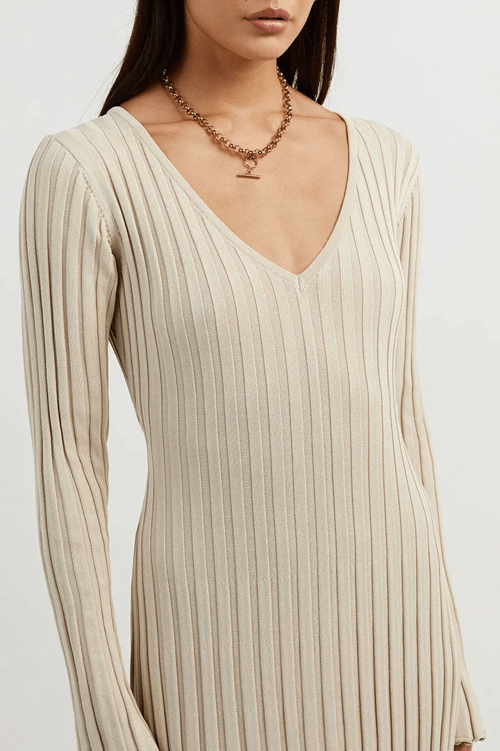 V-Neck Sleeved Knit Midi Dress