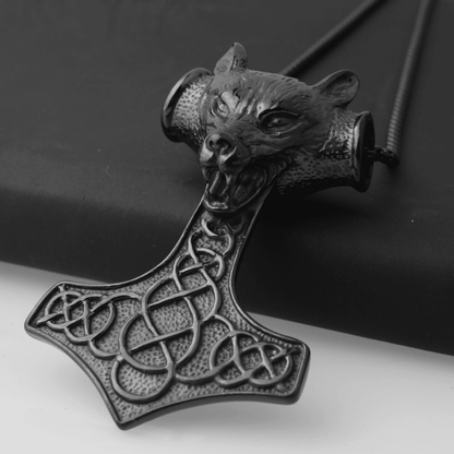 Vikings Black Plated Stainless Steel Thor's Wolf Hammer Pendant