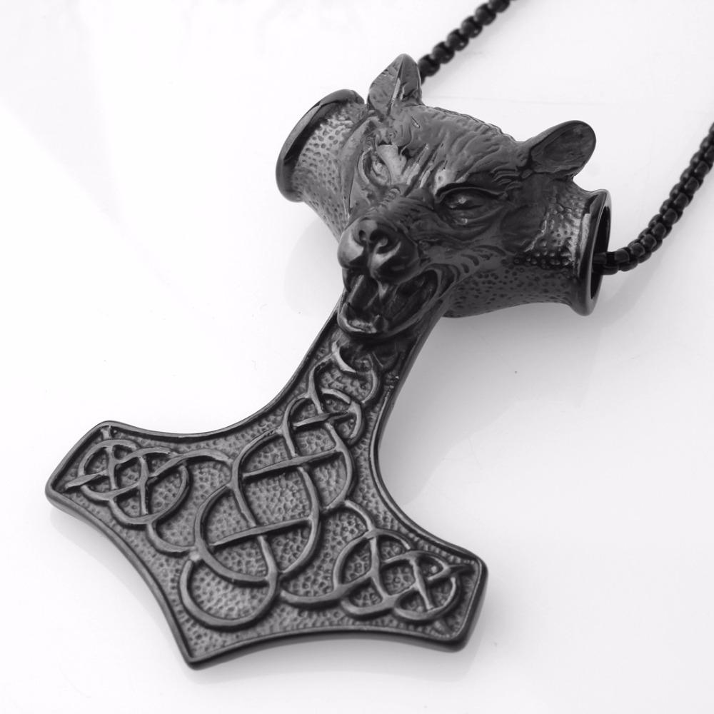 Vikings Black Plated Stainless Steel Thor's Wolf Hammer Pendant