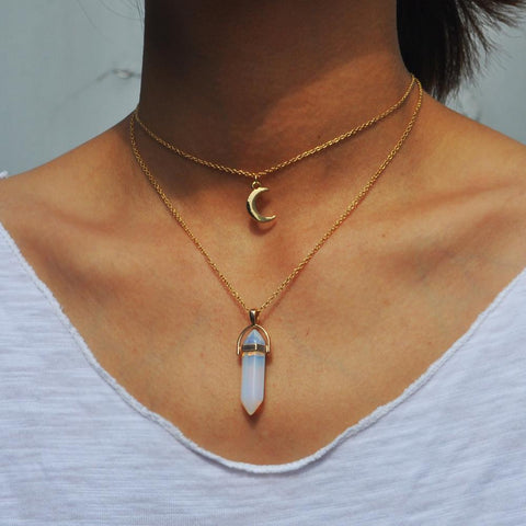 Crescent Moon And Stone Choker Pendant