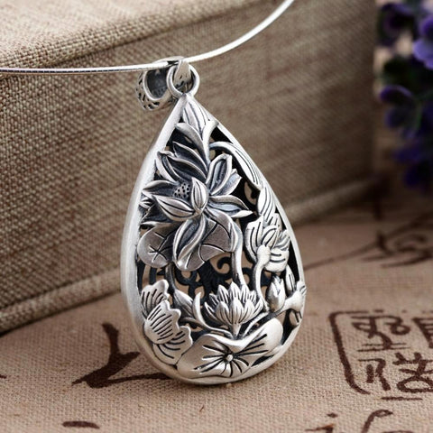 Antique Lotus Flower Sterling Silver Pendant
